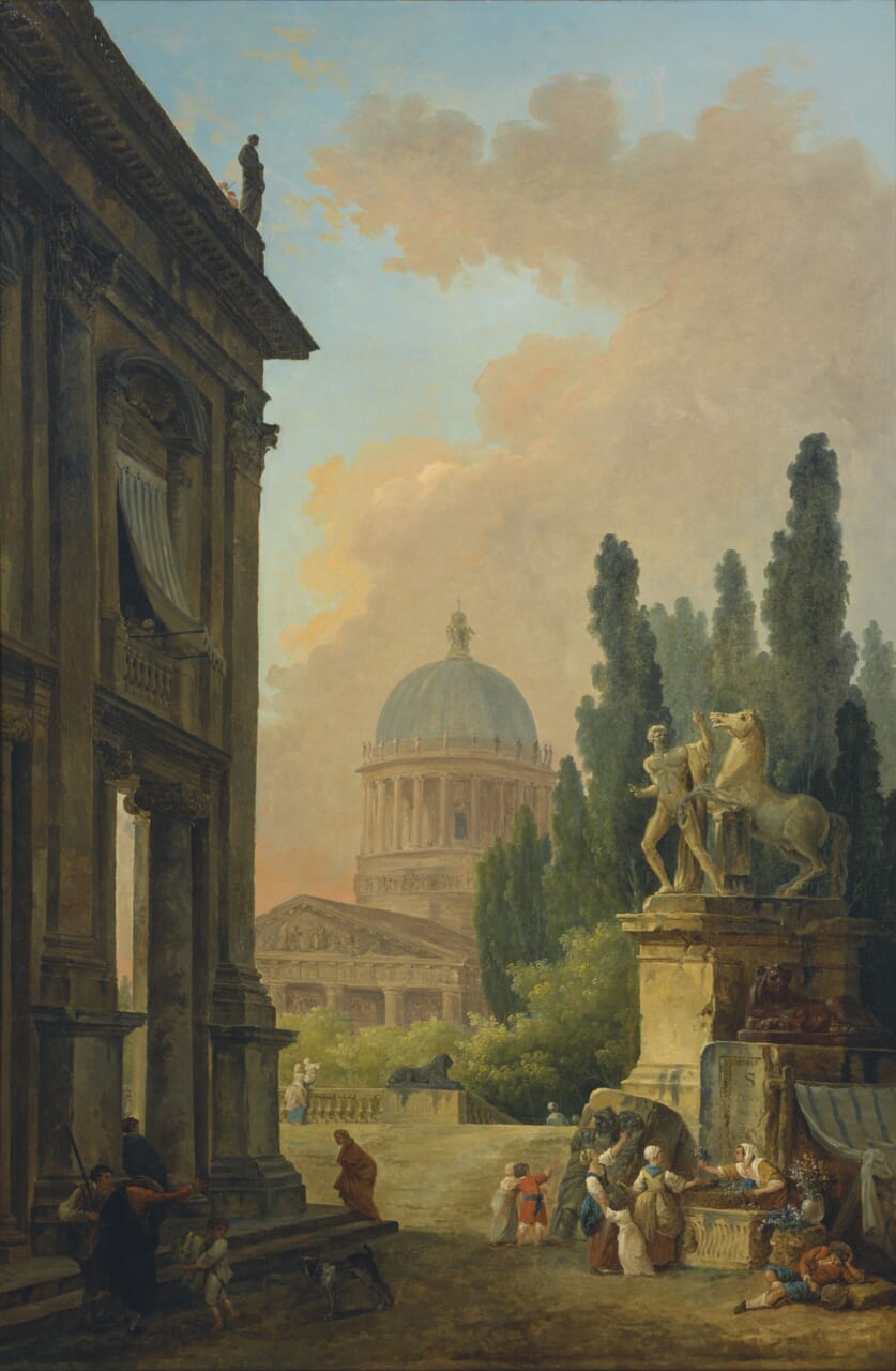 ユベール・ロベール《モンテ・カヴァッロの巨像と聖堂の見える空想のローマ景観》