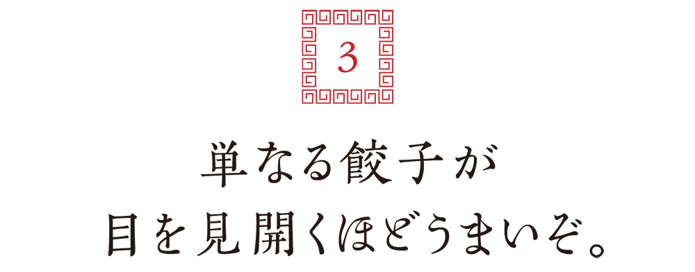 ３．単なる餃子が目を見開くほどうまいぞ。